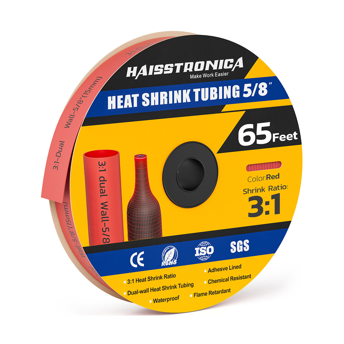 Haisstronica best heat shrink tubing (5/8", red, 65ft) – ISO/SGS-certified, 3:1 ratio, and flame-retardant.