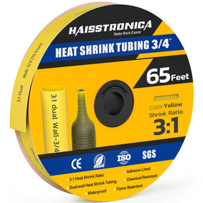 Haisstronica yellow heat shrink tubing (3/4", 65ft) – ISO/SGS-certified, 3:1 ratio, and dual-wall.