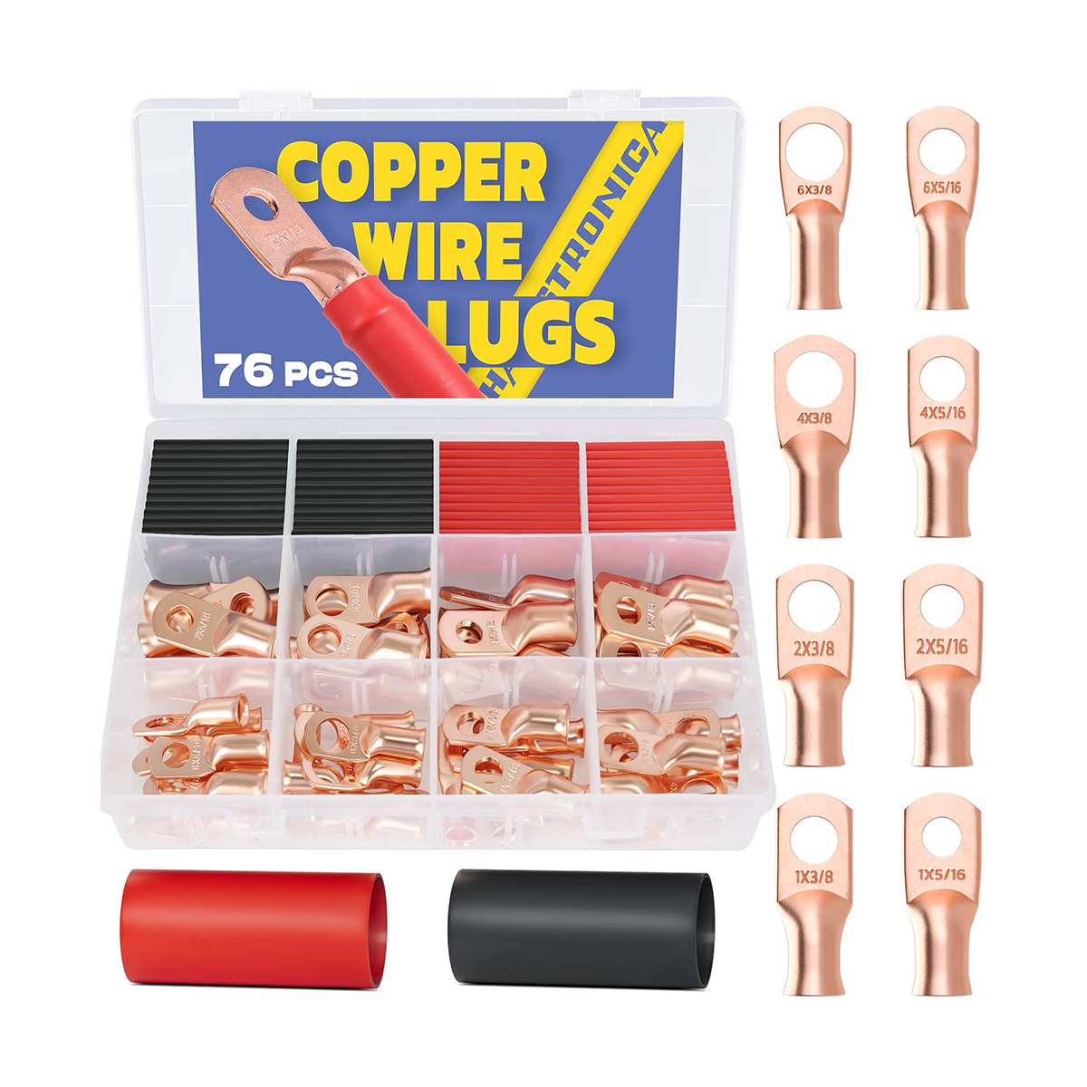 Haisstronica copper crimp sleeve: Mixed-size lugs (6X3/8, 4X5/16) for versatile battery terminal wire connections.