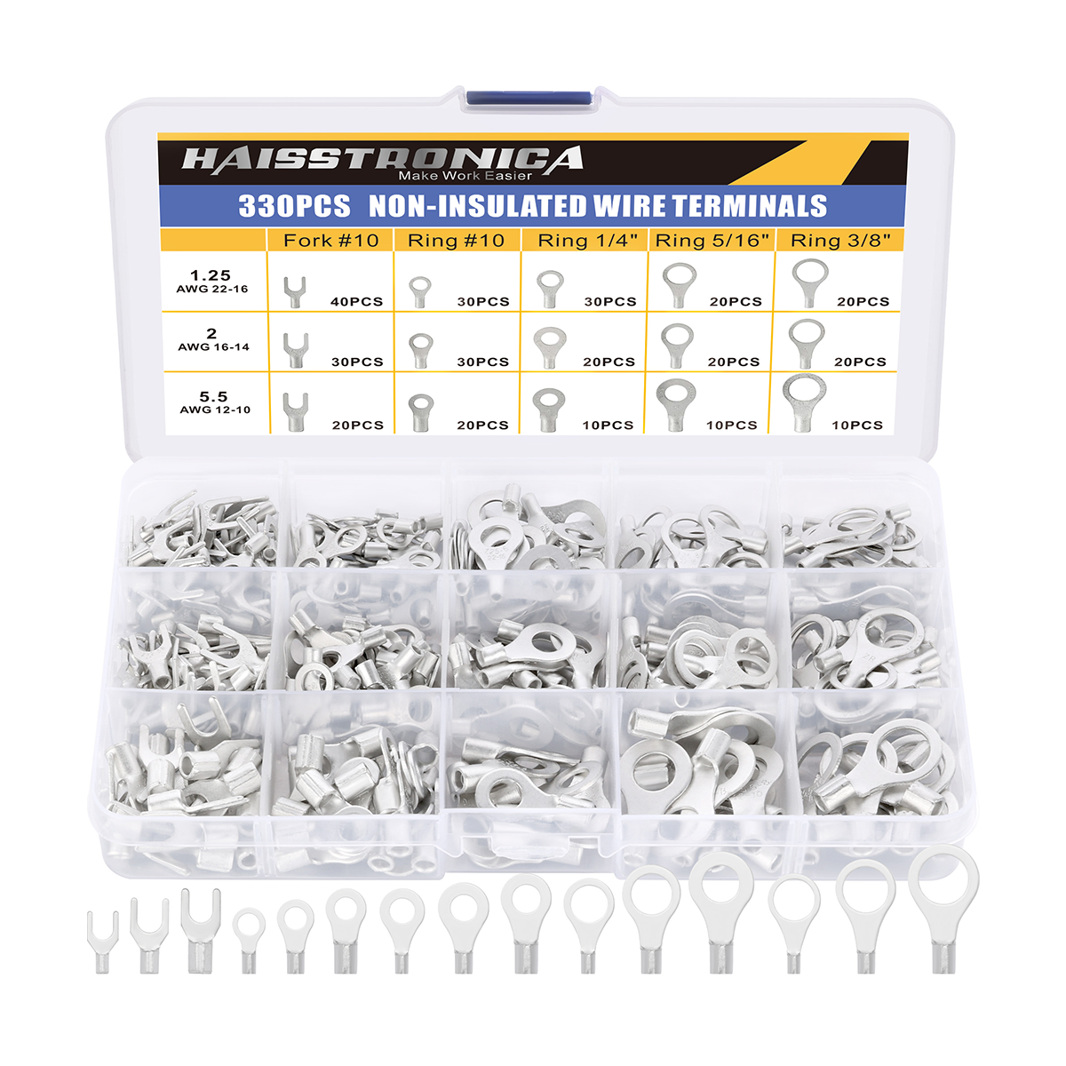 Haisstronica 330PCS non-insulated butt connectors kit: fork/ring terminals in #10, 1/4’’, 5/16’’, 3/8’’ sizes (AWG22-10).