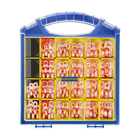 Haisstronica toolbox holds an assortment of copper battery cable ends. This neatly arranged set is designed for efficient electrical connections related to battery cables.