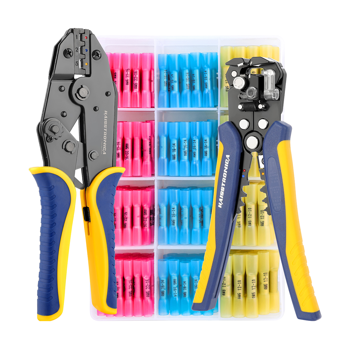 Haisstronica crimping tool set, dual-action, ergonomic handles, Butt connectors, color-coded specs.