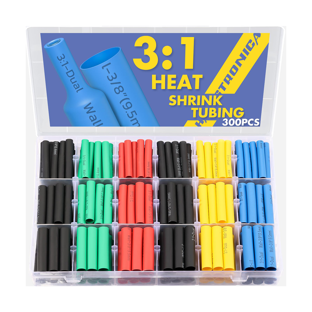 Haisstronica colored heat shrink tubing bundle (300PCS) with 3:1 ratio for DIY and automotive projects.