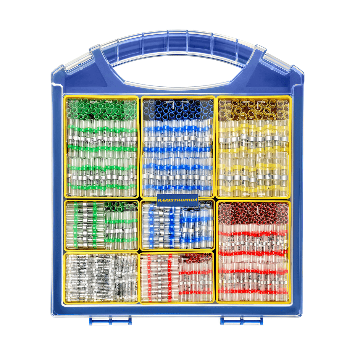 HAISSTRONICA solder seal butt connectors in removable storage box: secure latch for organization.
