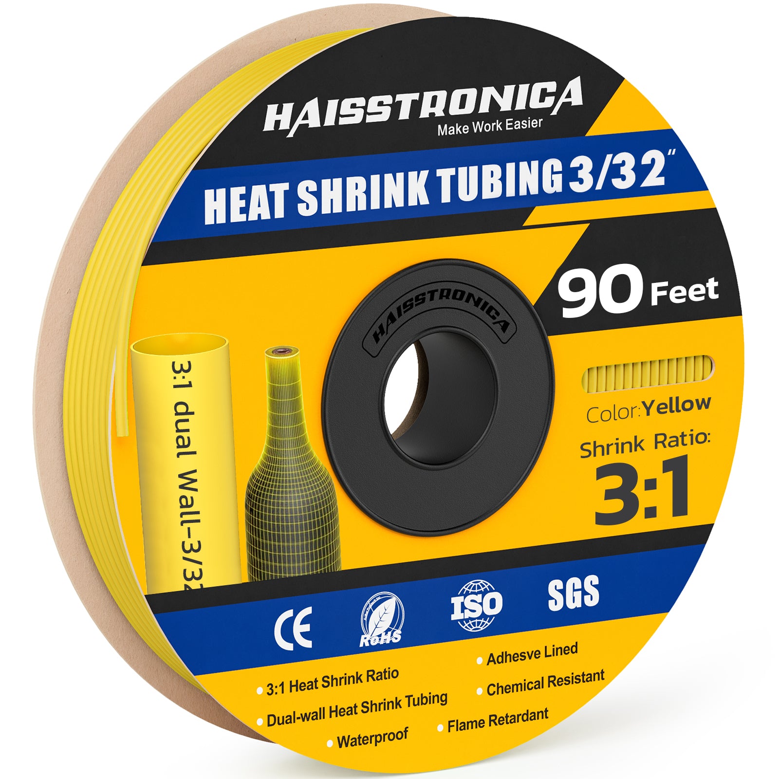 Bright yellow Haisstronica 3/32" heat shrink tubing, 90 feet, 3:1 ratio for electrical wire organization.