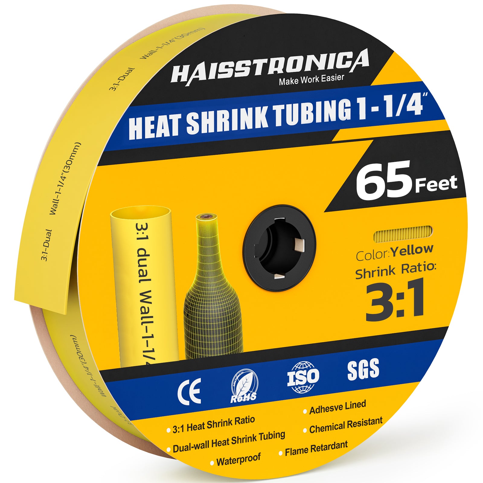 Haisstronica shrink tubing (1-1/4", yellow, 65ft) – 3:1 dual-wall design for electrical or automotive use.