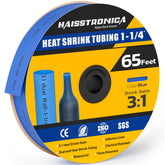 Haisstronica waterproof heat shrink tubing (1-1/4", blue, 65ft) – 3:1 ratio with flame-retardant insulation.