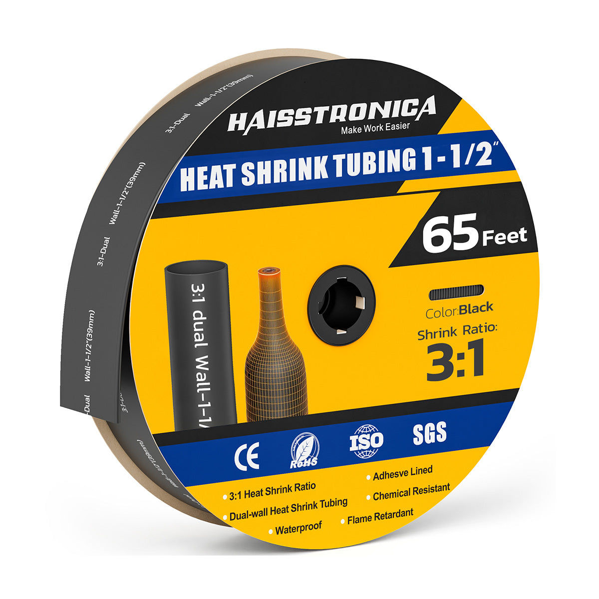 Haisstronica heat shrink tube (1-1/2", black, 65ft) – TSO-certified, waterproof, and flame-retardant.