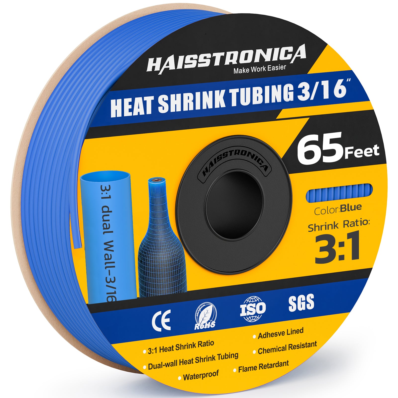 Haisstronica high temperature heat shrink tubing (3/16", blue, 65ft) for waterproof and flame-retardant applications.