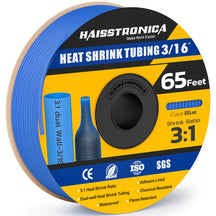 Haisstronica high temperature heat shrink tubing (3/16", blue, 65ft) for waterproof and flame-retardant applications.