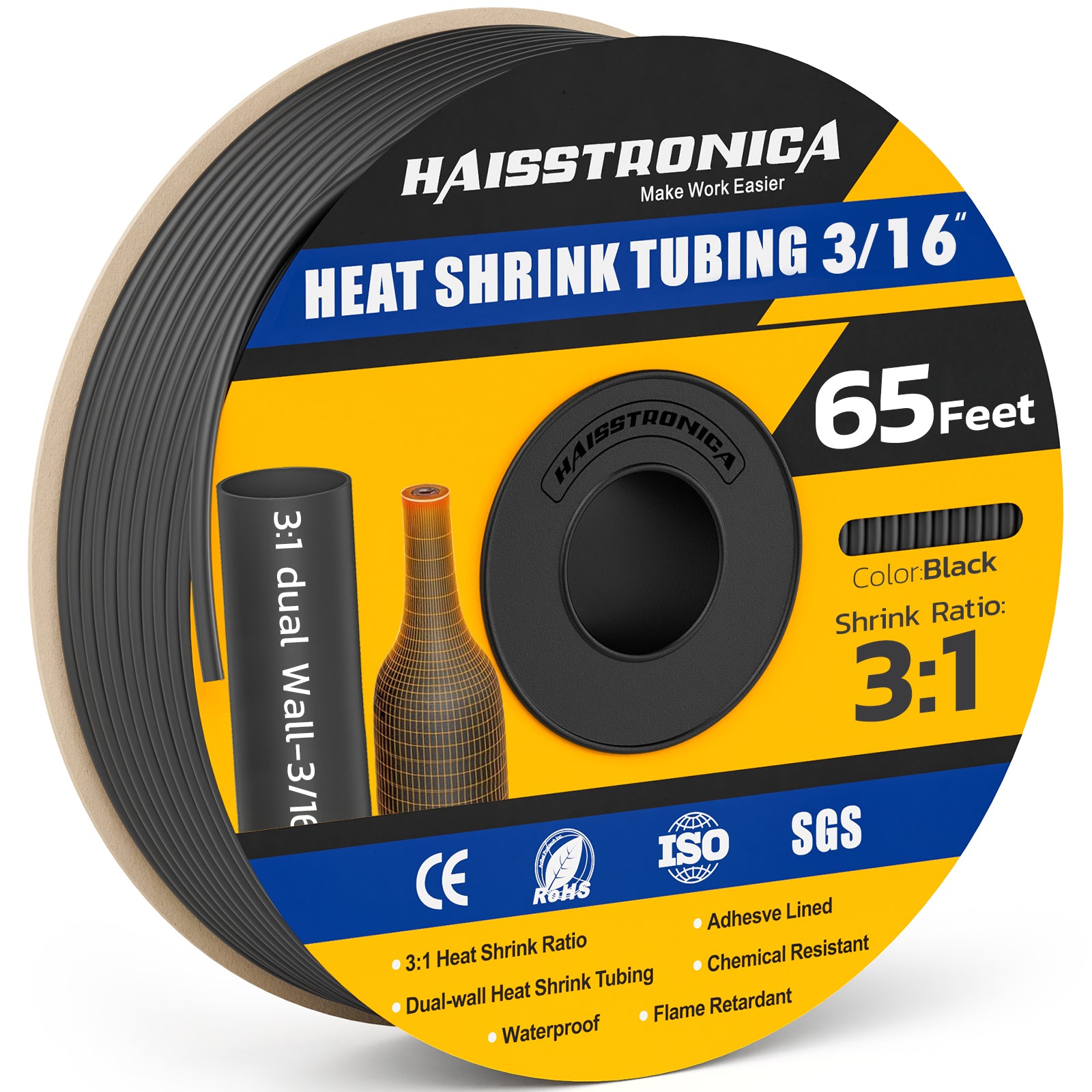 Haisstronica buy heat shrink tubing (3/16", black, 65ft) – SGS-certified, 3:1 ratio, and adhesive-lined.
