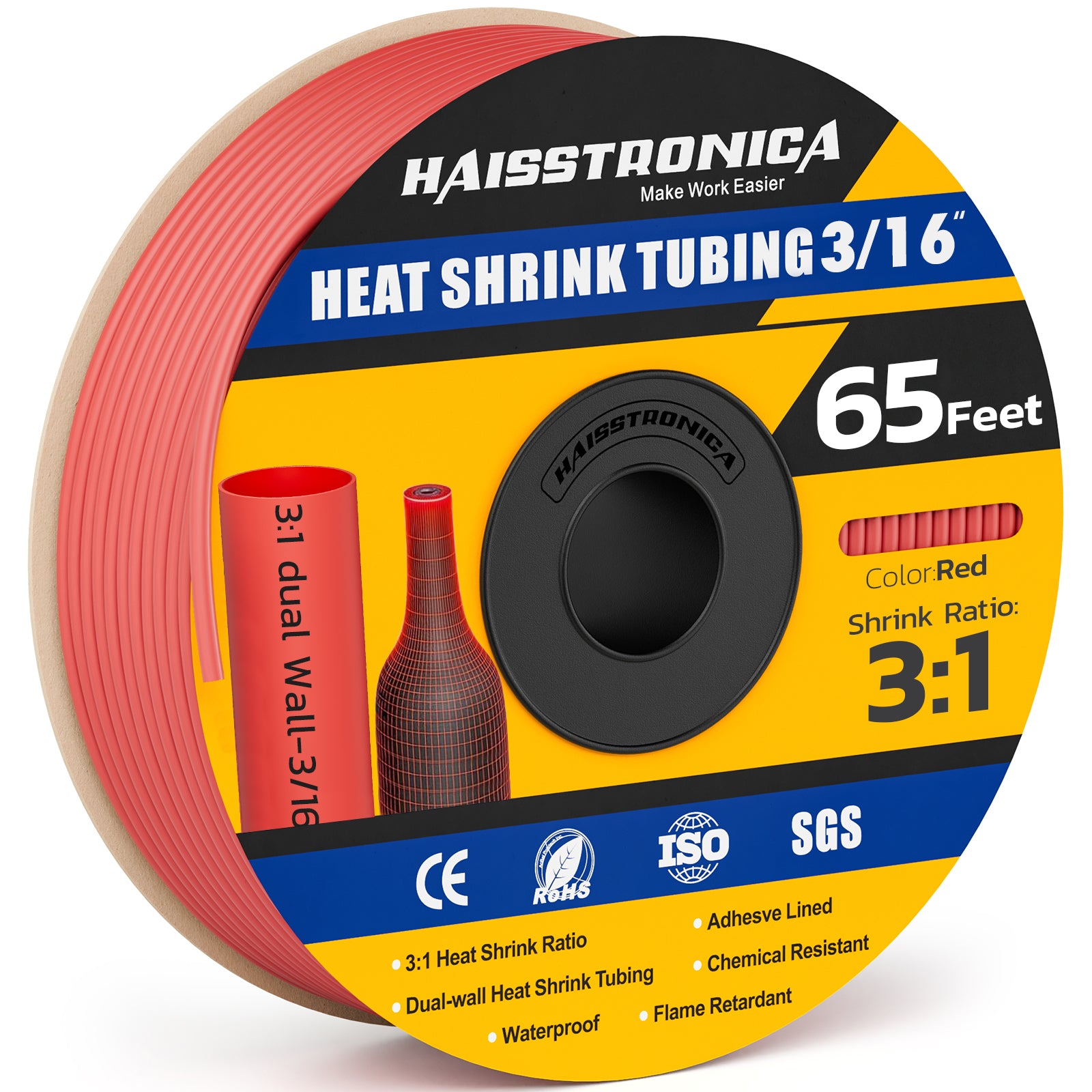 Haisstronica high temperature shrink tubing (3/16", red, 65ft) with dual-wall design and 3:1 ratio.