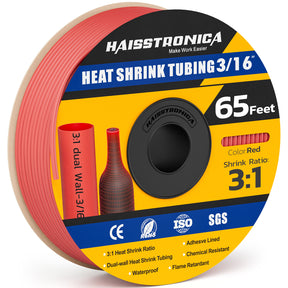 Haisstronica high temperature shrink tubing (3/16", red, 65ft) with dual-wall design and 3:1 ratio.