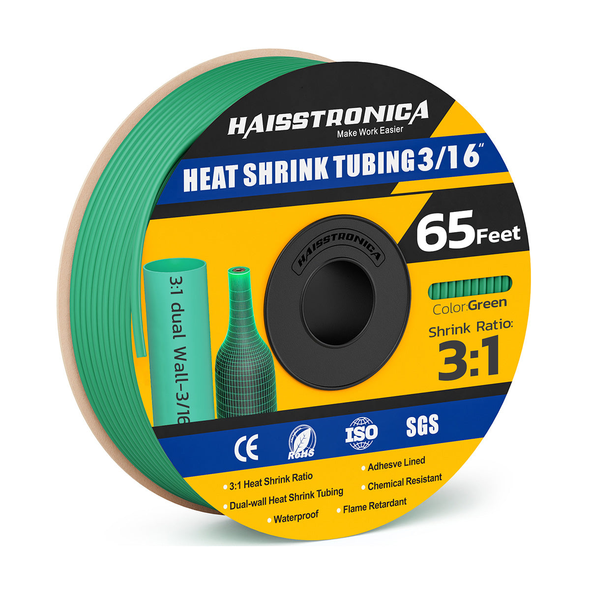 Haisstronica colored heat shrink tubing (green, 3/16") for organized and durable wire labeling.