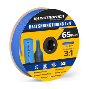 Haisstronica 1/4" blue waterproof heat shrink tubing, 3:1 ratio and dual-wall design for moisture-resistant insulation.