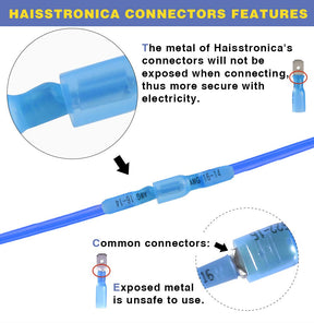 Haisstronica electrical connectors with heat shrink: fully insulated for safety (AWG 16-14).