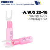 Haisstronica electrical connectors with heat shrink, 200PCS AWG 22-16 fork terminals, 600V/19A.