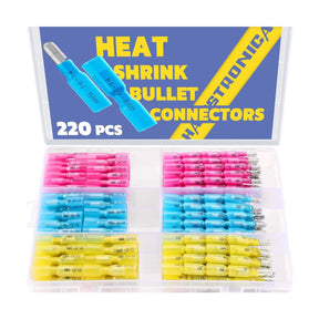Haisstronica heat shrink bullet connectors (220pcs) with adhesive-lined tubing for quick, durable electrical repairs.