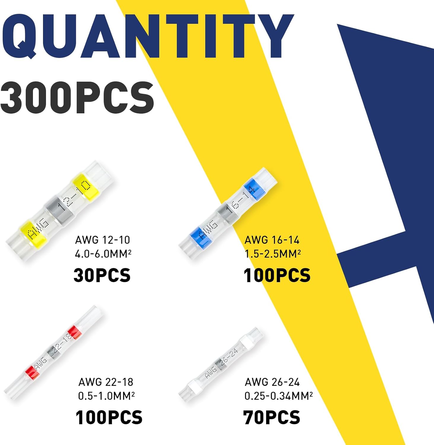 Solder heat shrink splice connectors HAISSTRONICA - 300PCS (AWG 12-26). Blue/yellow.