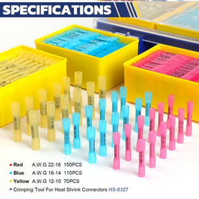 HAISSTRONICA heat shrink butt connectors: 150PCS (22-16AWG), 110PCS (16-14AWG), 70PCS (12-10AWG). Crimping tool in background.