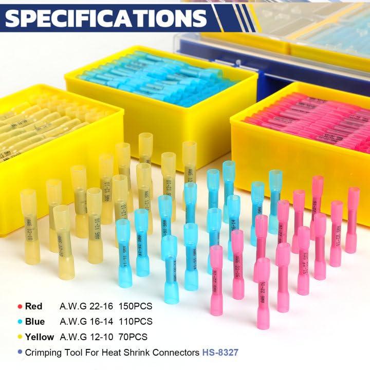 HAISSTRONICA heat shrink butt connectors: 150PCS (22-16AWG), 110PCS (16-14AWG), 70PCS (12-10AWG). Crimping tool in background.