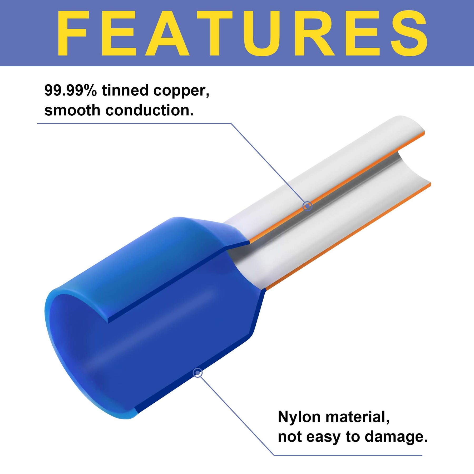 Haisstronica E1510 blue polypropylene ferrules, AWG 16, 1000PCS, SGS-certified for heavy-duty applications.
