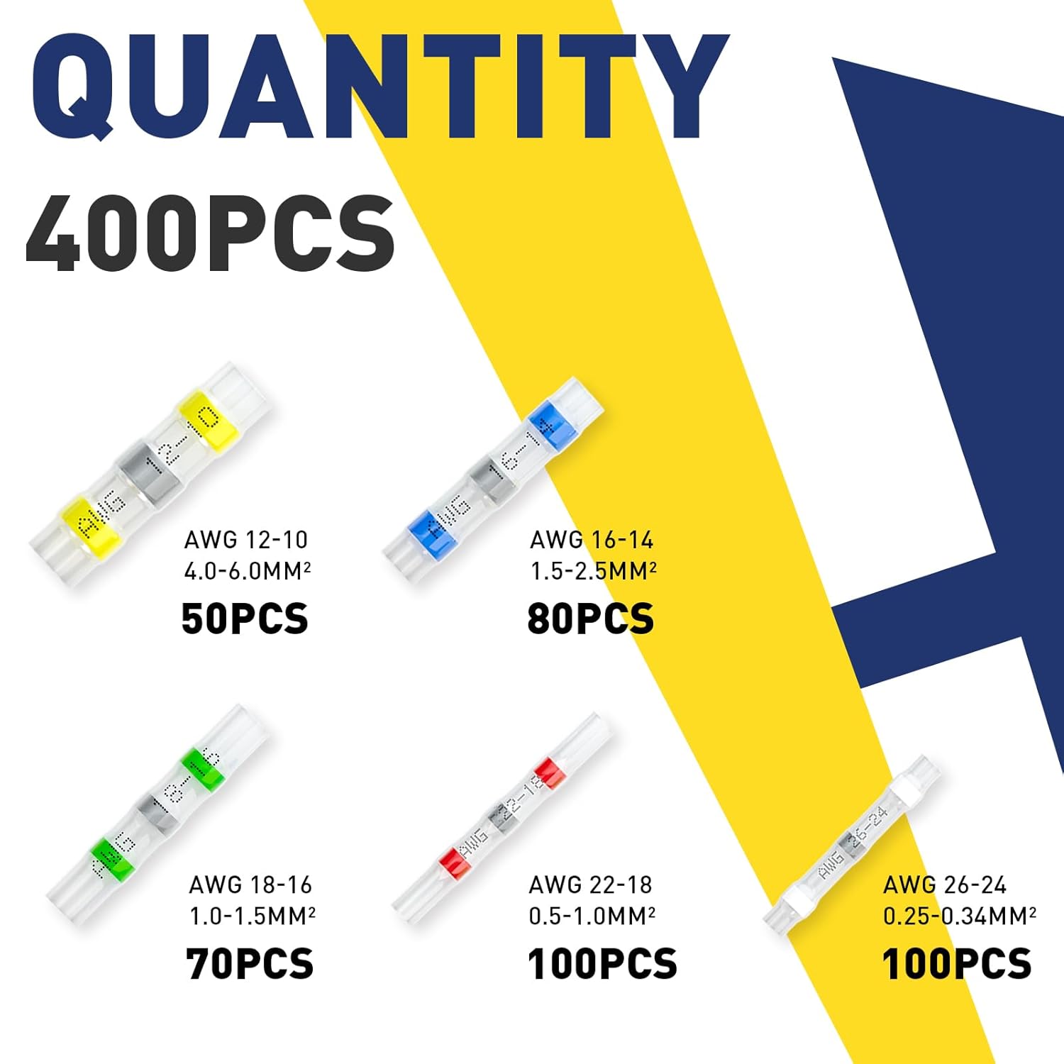 350PCS solder connectors by Haisstronica, compatible with AWG 12-10 to 26-24.