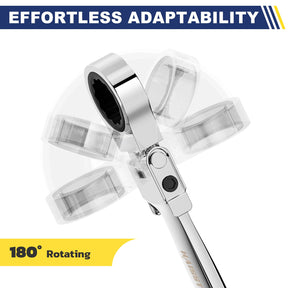 Haisstronica 180° rotating ratchet wrench, silver metal body, adjustable ratchet head, multi-angle torque application, workshop tool.