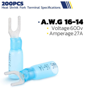 Haisstronica heat shrink crimp connectors, 200PCS fork terminals for AWG 16-14 wires, 600V/27A rating.
