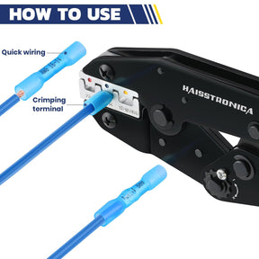 HAISSTRONICA wire crimping tool, black with blue handles, crimping terminal demo, AWG 12-10 labeled, Quick wiring guide on white background.