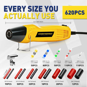 Professional 620pc Haisstronica waterproof wire connectors kit: 50-110pcs per gauge + 12pc 3/4" heat shrink