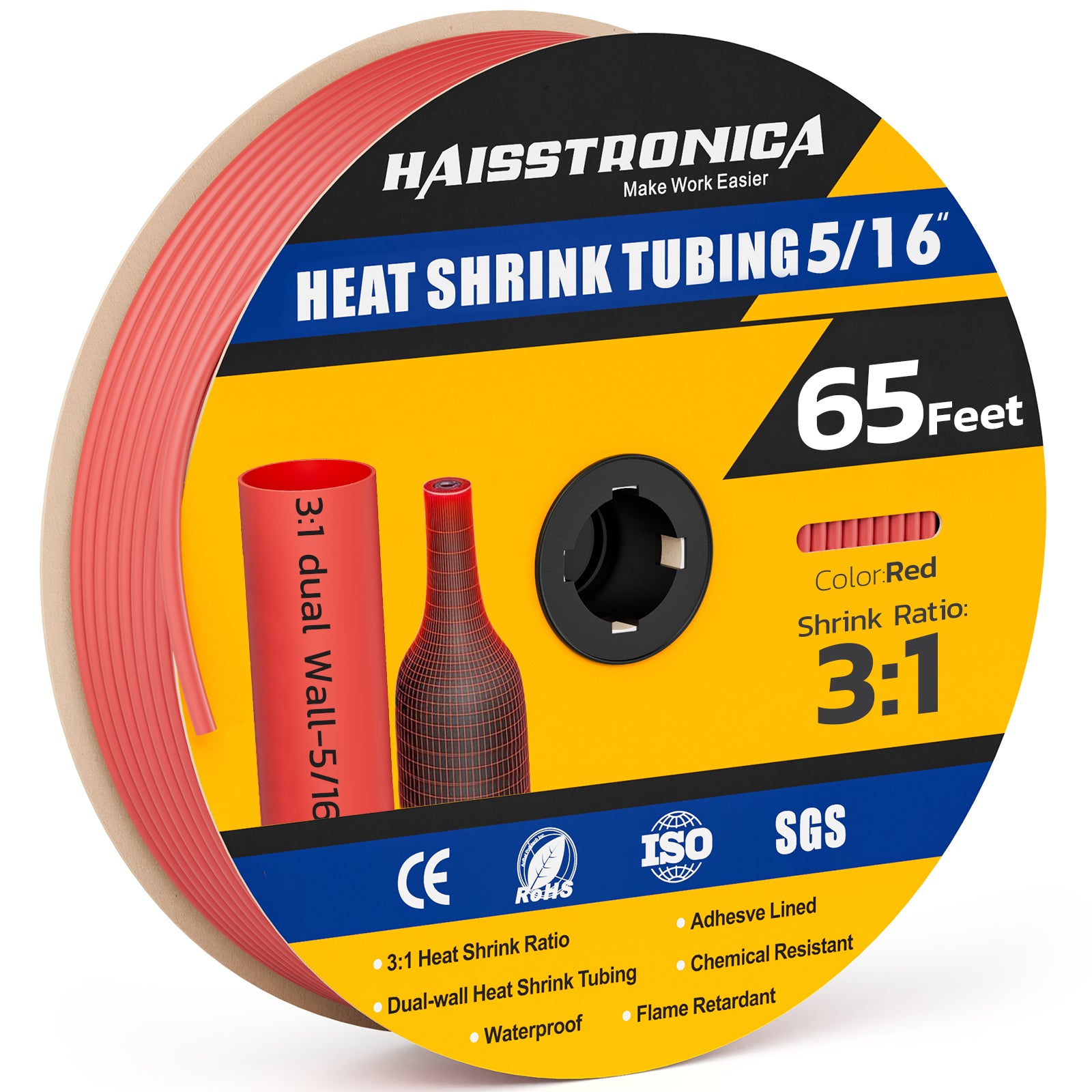 Haisstronica red heat shrink tubing (5/16", 65ft) – 3:1 ratio and dual-wall construction for secure electrical connections.