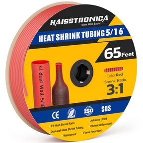 Haisstronica red heat shrink tubing (5/16", 65ft) – 3:1 ratio and dual-wall construction for secure electrical connections.