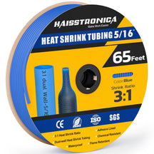 Haisstronica colored heat shrink tubing (5/16", blue, 65ft) with 3:1 dual-wall design for organized wire insulation.