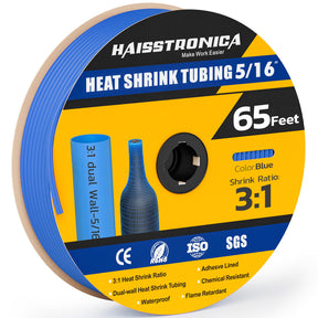 Haisstronica colored heat shrink tubing (5/16", blue, 65ft) with 3:1 dual-wall design for organized wire insulation.