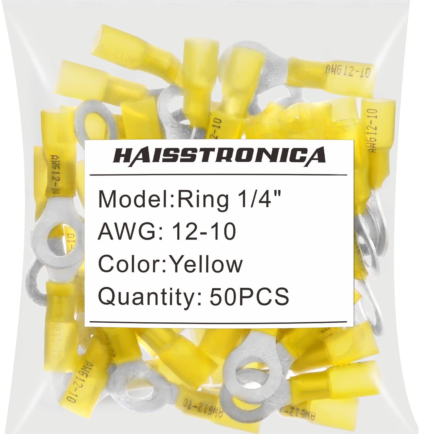 Compact Haisstronica shrink wrap wire connectors (1/4", Yellow, 12-10AWG, 50PCS) for low-voltage outdoor installations.