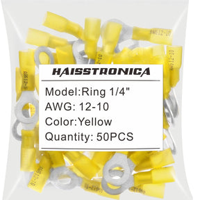 Compact Haisstronica shrink wrap wire connectors (1/4", Yellow, 12-10AWG, 50PCS) for low-voltage outdoor installations.