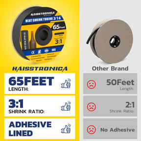 Haisstronica waterproof heat shrink tubing (3/16", 65ft, black) with 3:1 shrink ratio and adhesive lining for industrial use.
