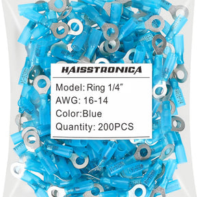 Haisstronica heat shrink crimp terminals (1/4", Blue, 16-14AWG, 200PCS) for automotive and marine electrical systems.