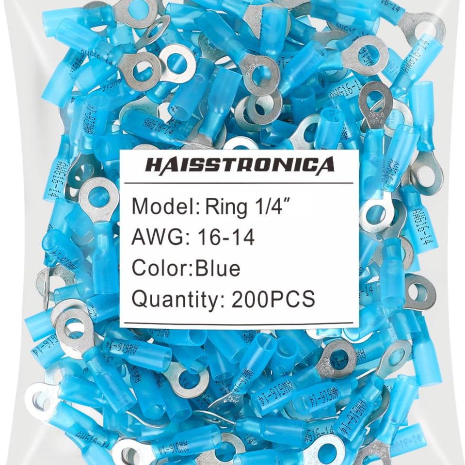 Haisstronica heat shrink crimp terminals (1/4", Blue, 16-14AWG, 200PCS) for automotive and marine electrical systems.