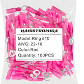 Red Haisstronica heat shrink ring terminal connectors (#10, 22-16AWG, 100PCS) for secure low-voltage connections.