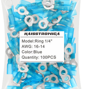 Haisstronica shrink wrap wire connectors (1/4", Blue, 16-14AWG, 100PCS) for marine-grade electrical repairs.
