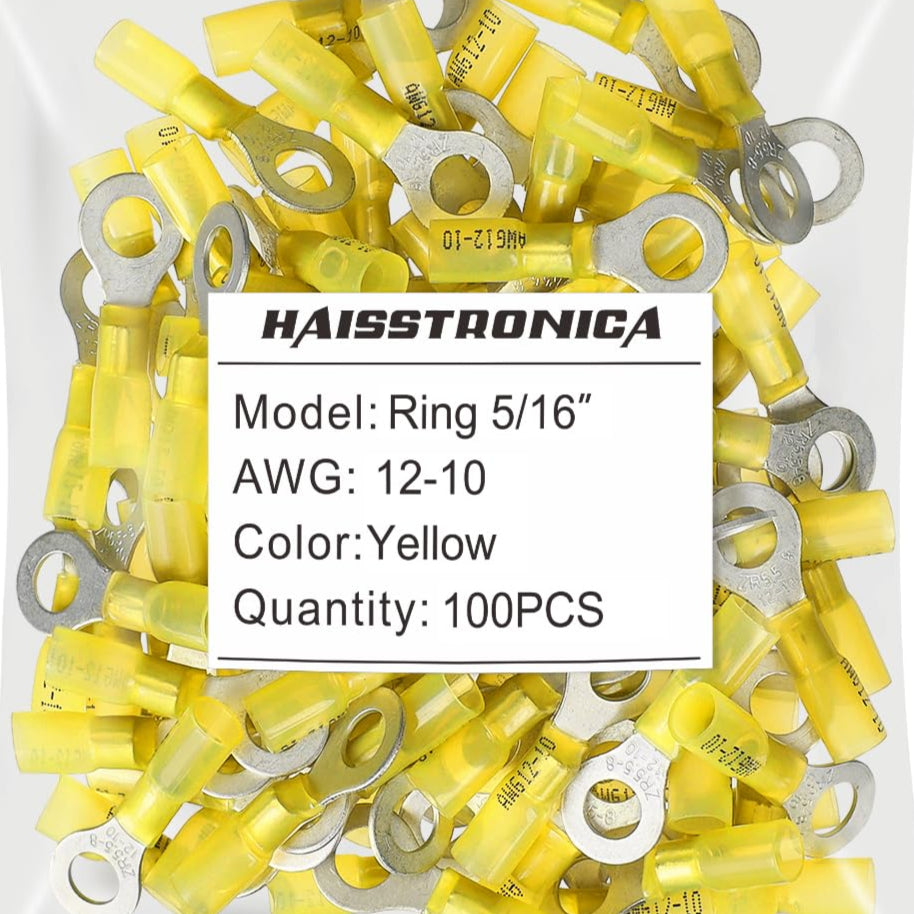 Haisstronica heat shrink butt splice connectors (5/16", Yellow, 12-10AWG, 100PCS) for durable wire repairs.