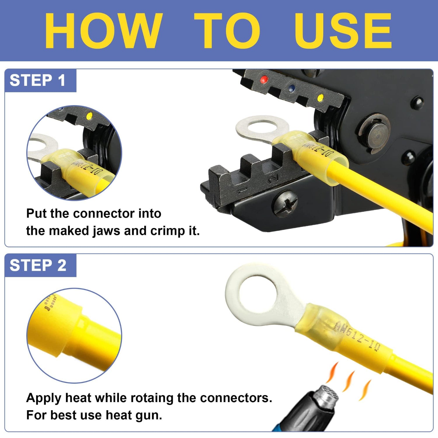 Haisstronica crimp heat shrink terminals: crimp and rotate connectors with a heat gun for optimal sealing.