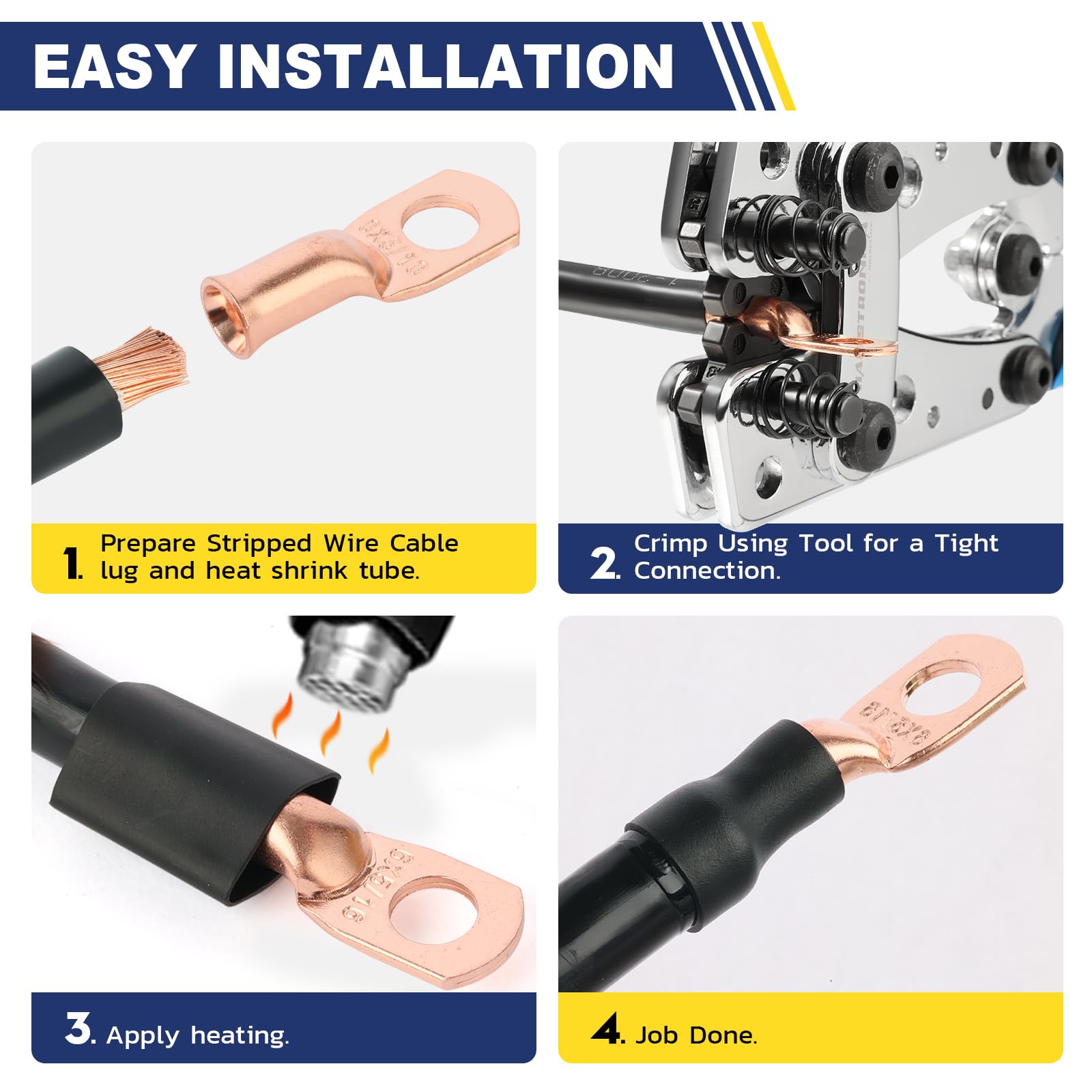 Step-by-step guide: Crimp Haisstronica battery terminals using heat shrink tubes and tools for tight, oxidation-resistant connections.
