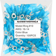 Blue Haisstronica heat shrink ring connectors (#10, 16-14AWG, 100PCS) with waterproof adhesive for harsh conditions.