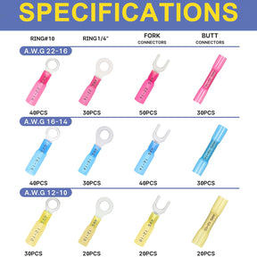 HAISSTRONICA electrical butt connectors specs: Pink (22-16AWG, 40PCS), blue (16-14AWG, 30PCS), yellow (12-10AWG, 30PCS).