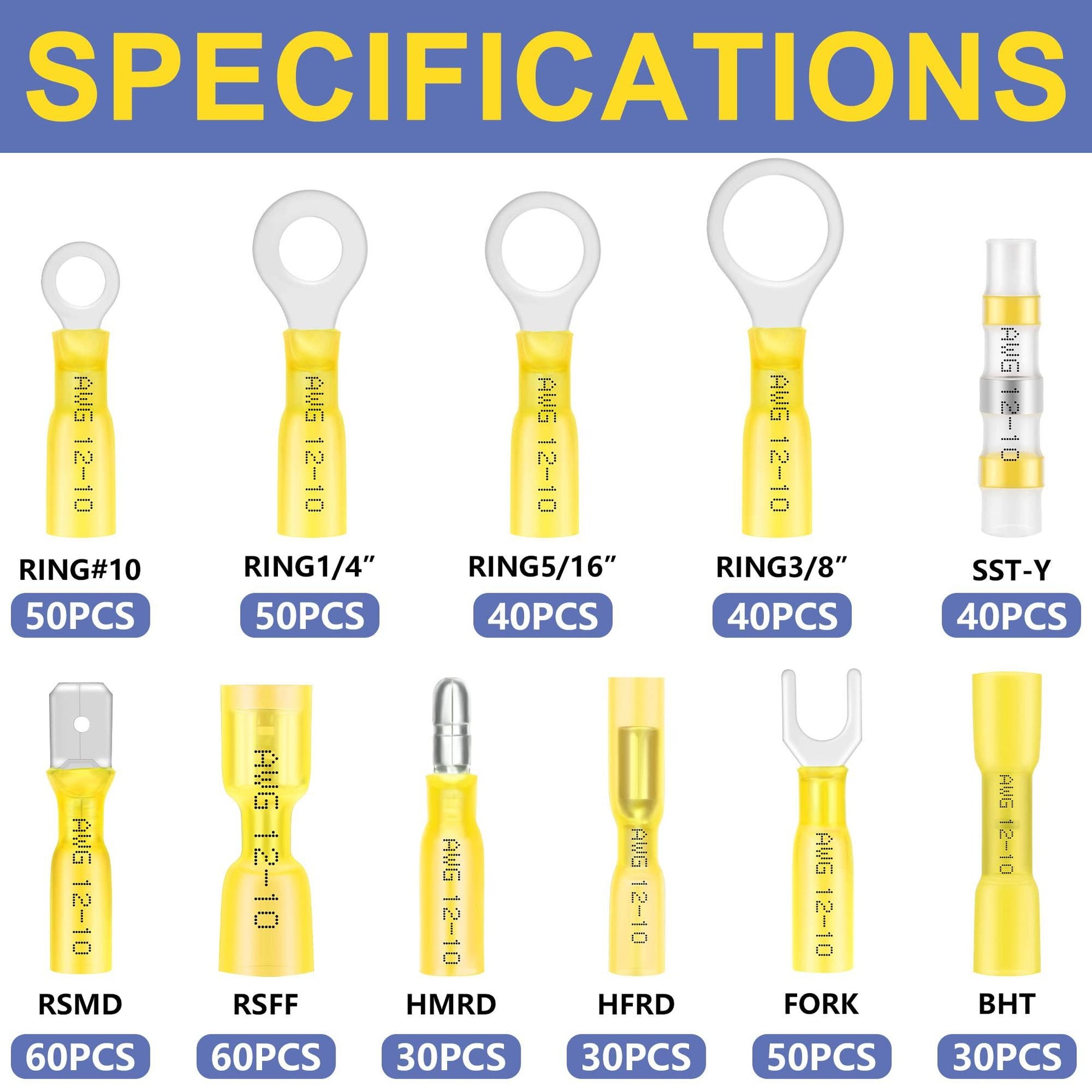 Haisstronica female heat shrink spade connectors (500pcs), adhesive-lined for industrial and marine use.
