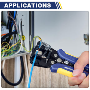 Haisstronica wire stripper in use, blue/yellow handles stripping blue wire, electrical panel background, professional insulation removal.