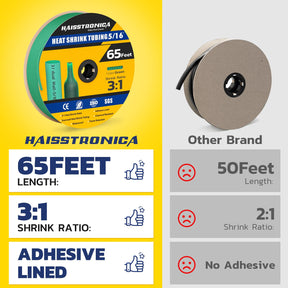 Haisstronica 5/16" heat shrink tubing, 65 feet, 3:1 ratio, flame-resistant for high-heat electrical applications.